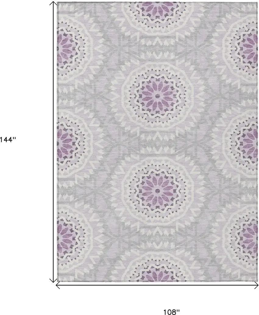 Lilac Purple And Ivory Floral Medallion Washable Indoor Outdoor Area Rug Photo 3