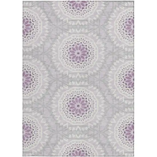 Lilac Purple And Ivory Floral Medallion Washable Indoor Outdoor Area Rug Photo 5