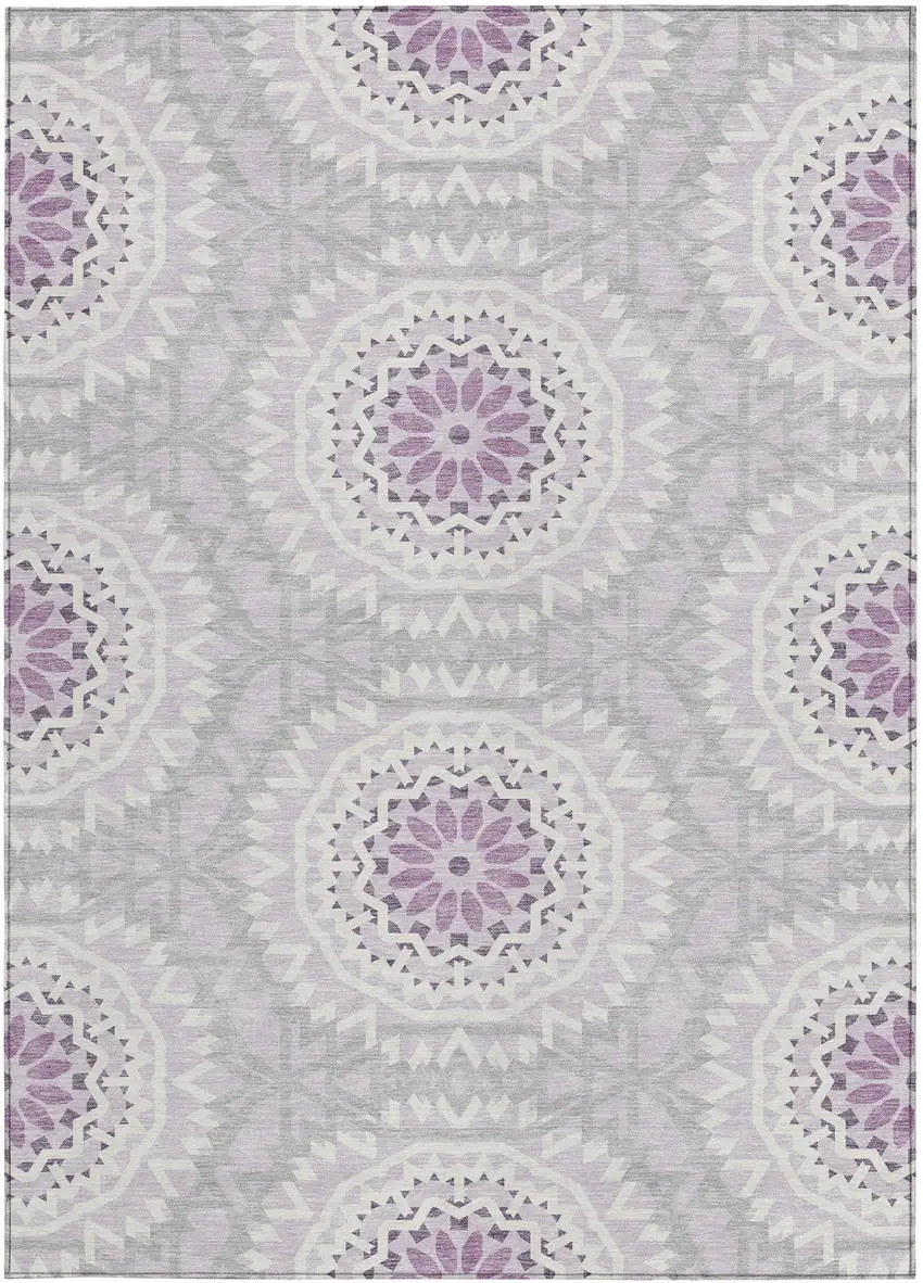 Lilac Purple And Ivory Floral Medallion Washable Indoor Outdoor Area Rug Photo 5
