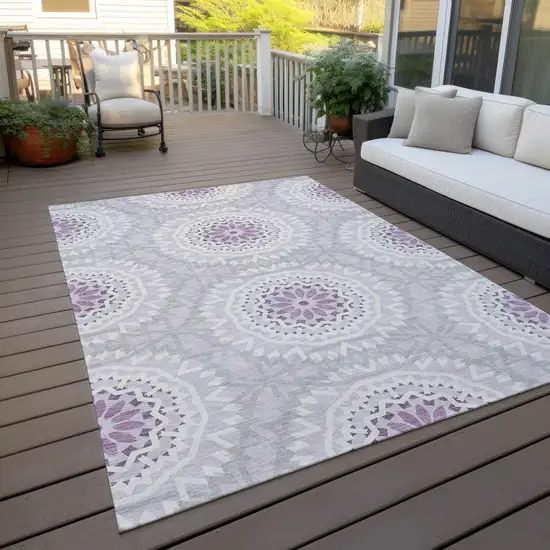 Lilac Purple And Ivory Floral Medallion Washable Indoor Outdoor Area Rug Photo 9