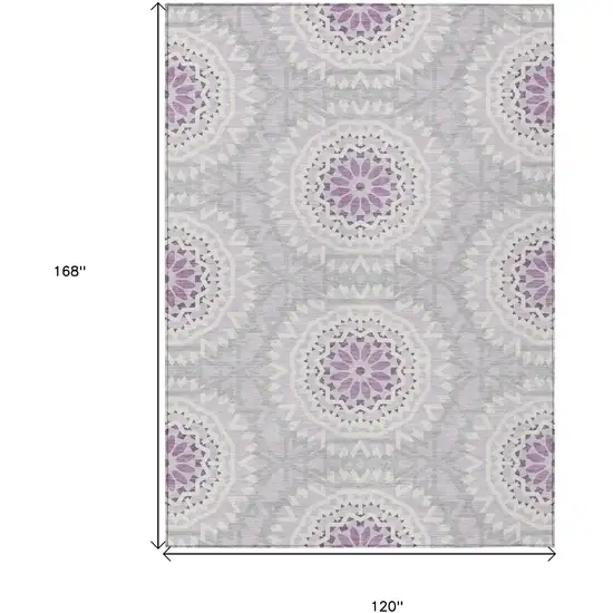 Lilac Purple And Ivory Floral Medallion Washable Indoor Outdoor Area Rug Photo 3