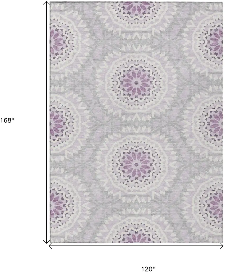 Lilac Purple And Ivory Floral Medallion Washable Indoor Outdoor Area Rug Photo 3
