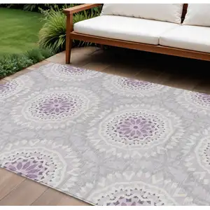 Photo of Lilac Purple And Ivory Floral Medallion Washable Indoor Outdoor Area Rug