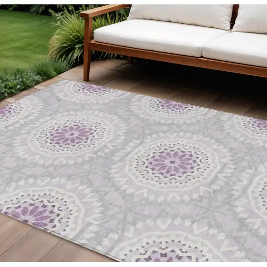 Lilac Purple And Ivory Floral Medallion Washable Indoor Outdoor Area Rug Photo 1