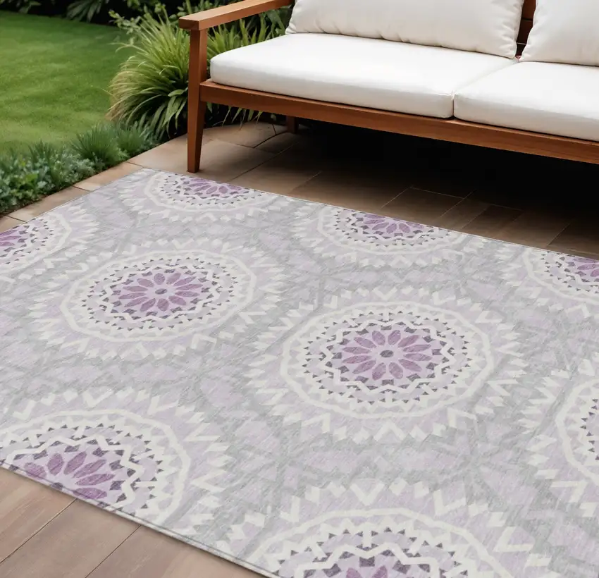 Lilac Purple And Ivory Floral Medallion Washable Indoor Outdoor Area Rug Photo 1