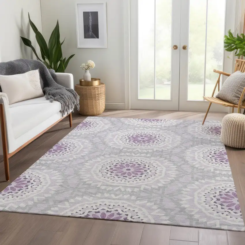 Lilac Purple And Ivory Floral Medallion Washable Indoor Outdoor Area Rug Photo 7