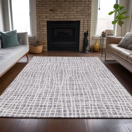 Lilac Purple And Ivory Striped Washable Indoor Outdoor Area Rug Photo 6