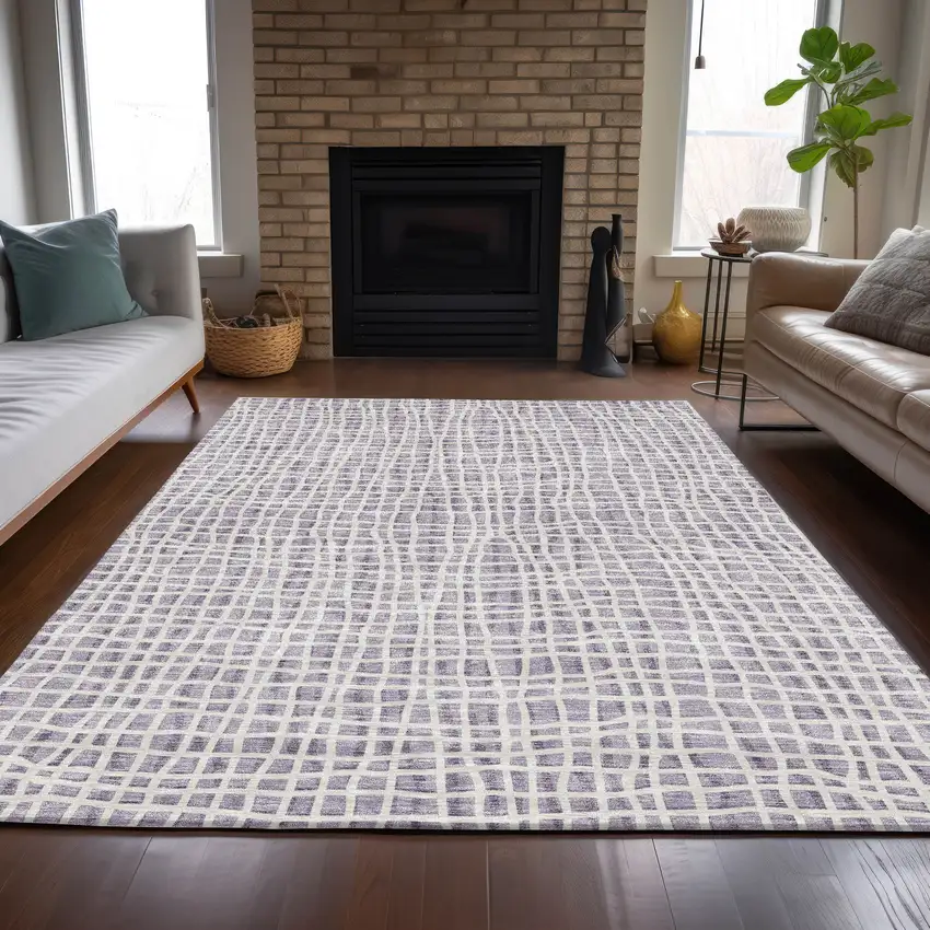 Lilac Purple And Ivory Striped Washable Indoor Outdoor Area Rug Photo 6