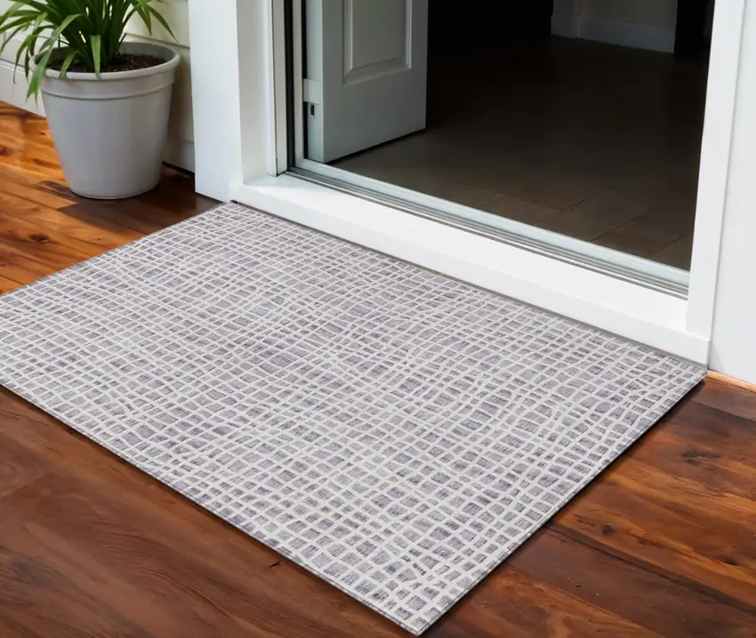Lilac Purple And Ivory Striped Washable Indoor Outdoor Area Rug Photo 1