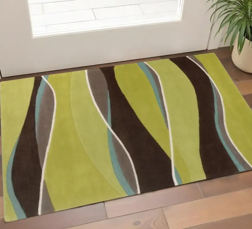 Lime Green Brown And Blue Wool Abstract Hand Tufted Area Rug Photo 1