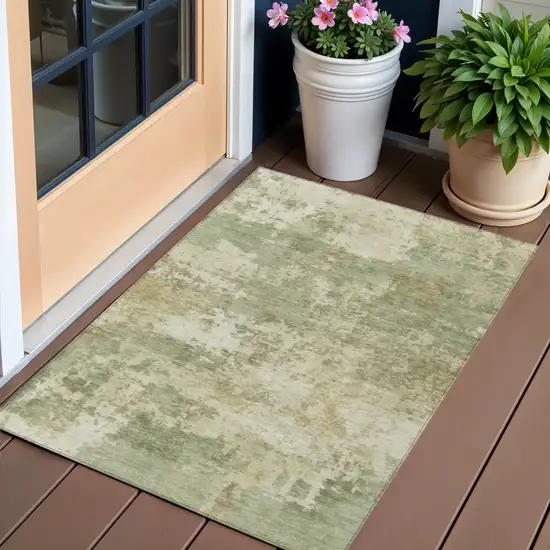 Lime Green And Beige Abstract Washable Indoor Outdoor Area Rug Photo 1
