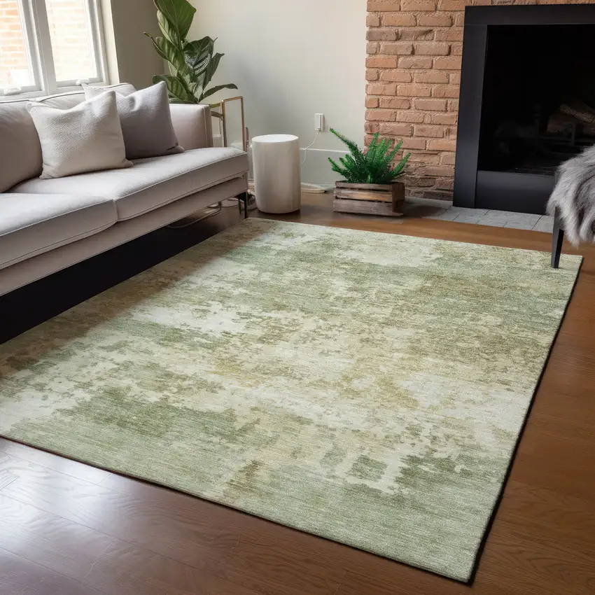 Lime Green And Beige Abstract Washable Indoor Outdoor Area Rug Photo 6