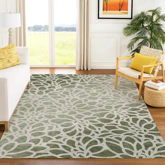 Lime Green And Beige Botanical Leaves Washable Indoor Outdoor Area Rug Photo 3