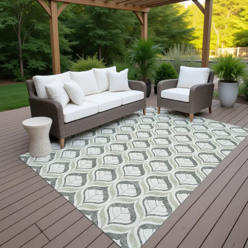 Lime Green And Beige Geometric Washable Indoor Outdoor Area Rug Photo 7