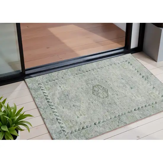Lime Green And Beige Medallion Washable Indoor Outdoor Area Rug Photo 1