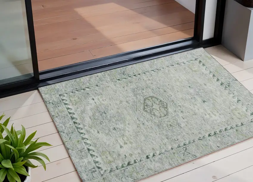 Lime Green And Beige Medallion Washable Indoor Outdoor Area Rug Photo 1