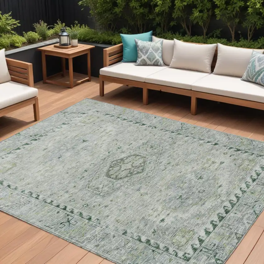 Lime Green And Beige Medallion Washable Indoor Outdoor Area Rug Photo 1
