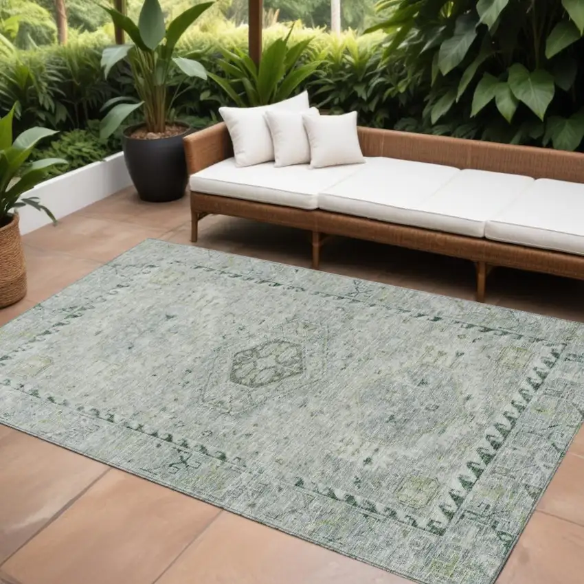 Lime Green And Beige Medallion Washable Indoor Outdoor Area Rug Photo 1