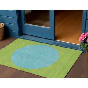 Photo of Lime Green And Blue Striped Washable Indoor Outdoor Area Rug