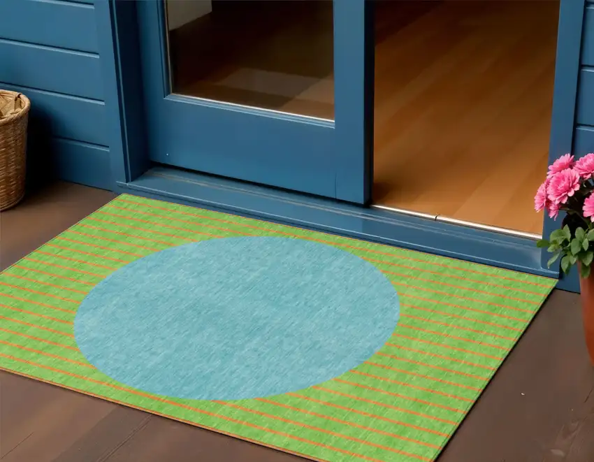 Lime Green And Blue Striped Washable Indoor Outdoor Area Rug Photo 1