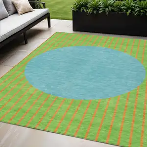 Photo of Lime Green And Blue Striped Washable Indoor Outdoor Area Rug