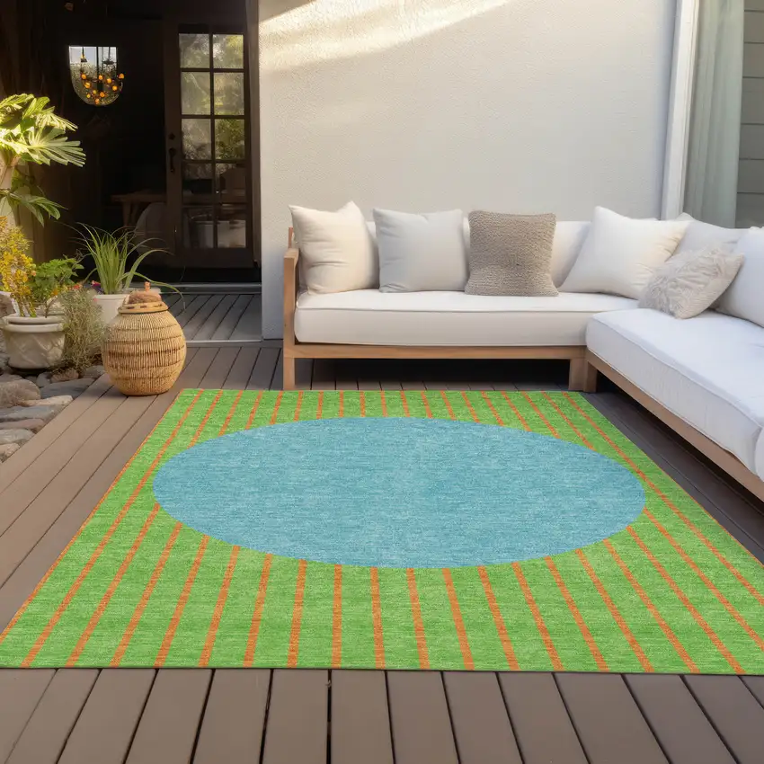 Lime Green And Blue Striped Washable Indoor Outdoor Area Rug Photo 7