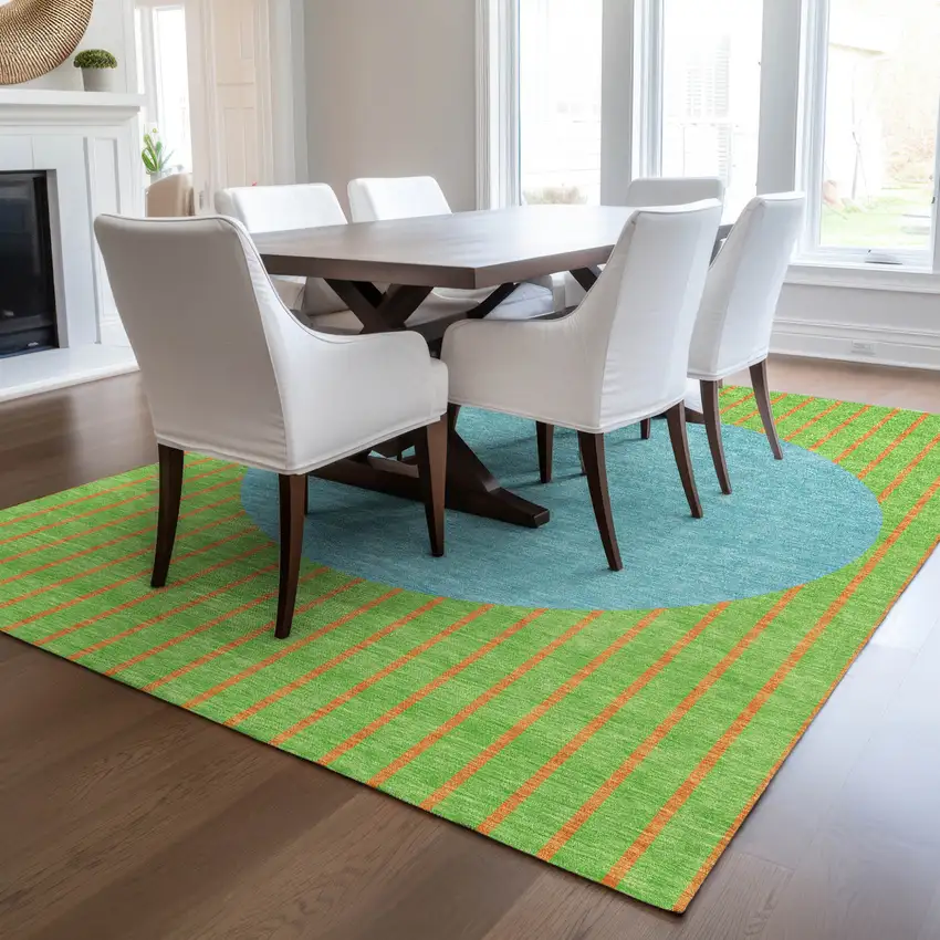 Lime Green And Blue Striped Washable Indoor Outdoor Area Rug Photo 9