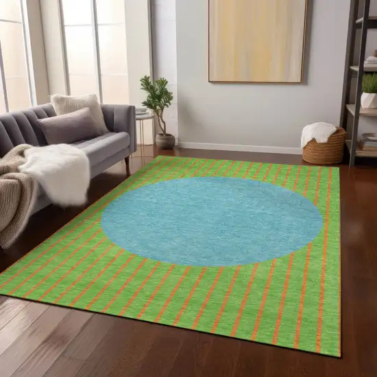 Lime Green And Blue Striped Washable Indoor Outdoor Area Rug Photo 8