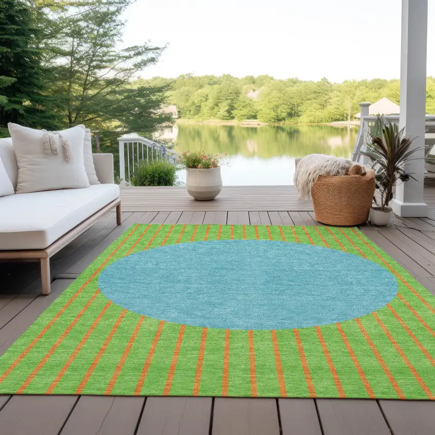 Lime Green And Blue Striped Washable Indoor Outdoor Area Rug Photo 9