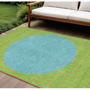 Photo of Lime Green And Blue Striped Washable Indoor Outdoor Area Rug
