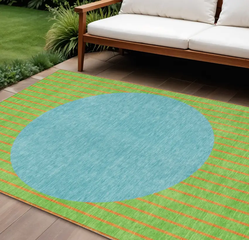 Lime Green And Blue Striped Washable Indoor Outdoor Area Rug Photo 1