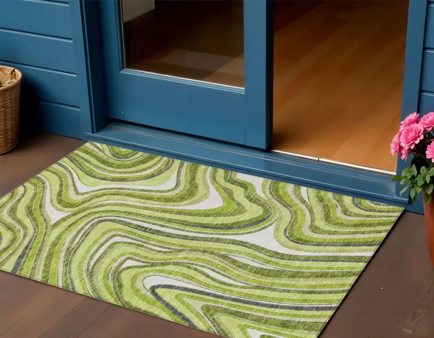 Lime Green And Charcoal Abstract Washable Indoor Outdoor Area Rug Photo 1