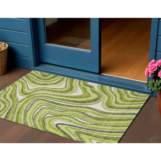 Lime Green And Charcoal Abstract Washable Indoor Outdoor Area Rug Photo 1