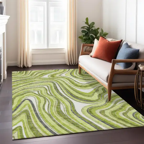 Lime Green And Charcoal Abstract Washable Indoor Outdoor Area Rug Photo 8