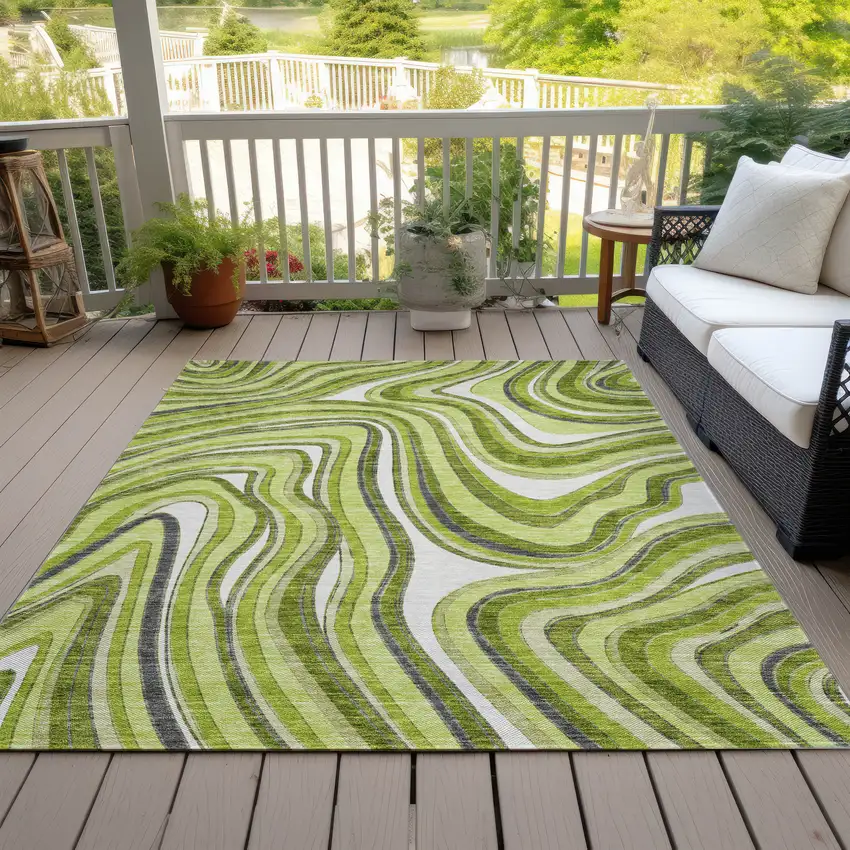 Lime Green And Charcoal Abstract Washable Indoor Outdoor Area Rug Photo 6
