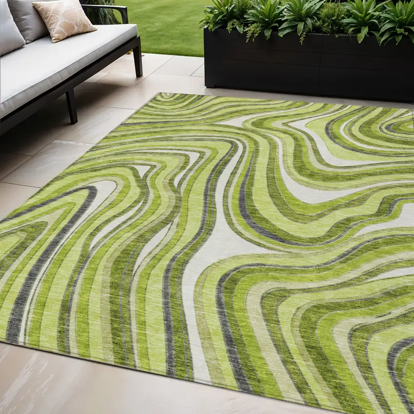 Lime Green And Charcoal Abstract Washable Indoor Outdoor Area Rug Photo 1