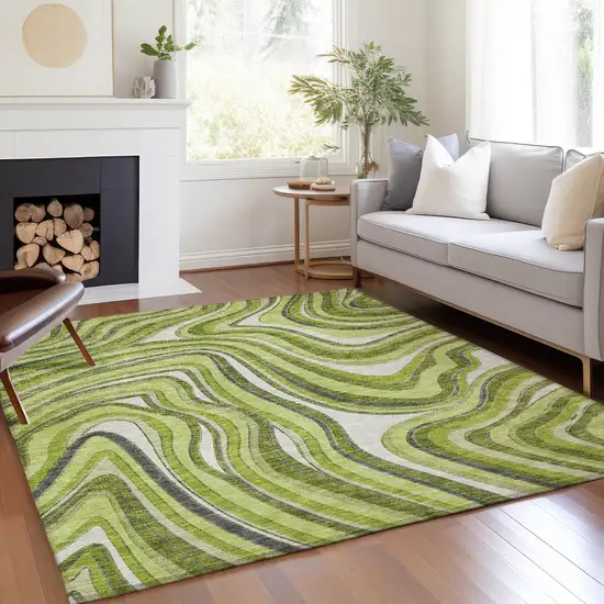 Lime Green And Charcoal Abstract Washable Indoor Outdoor Area Rug Photo 7