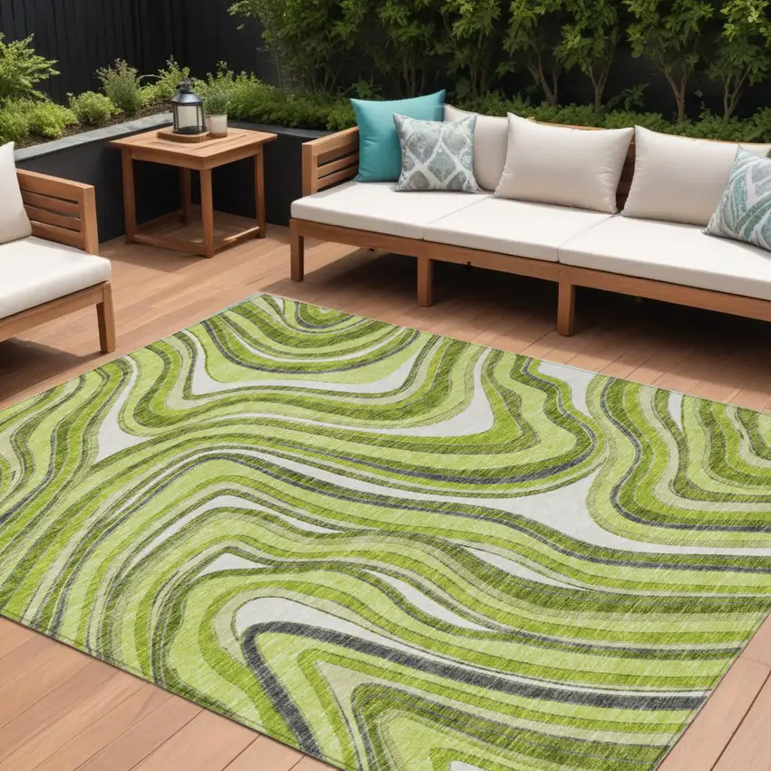 Lime Green And Charcoal Abstract Washable Indoor Outdoor Area Rug Photo 1
