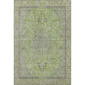 Photo of Lime Green And Gray Floral Medallion Washable Area Rug With UV Protection