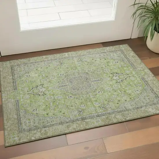 Lime Green And Gray Floral Medallion Washable Area Rug With UV Protection Photo 2