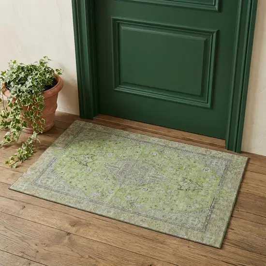 Lime Green And Gray Floral Medallion Washable Area Rug With UV Protection Photo 1
