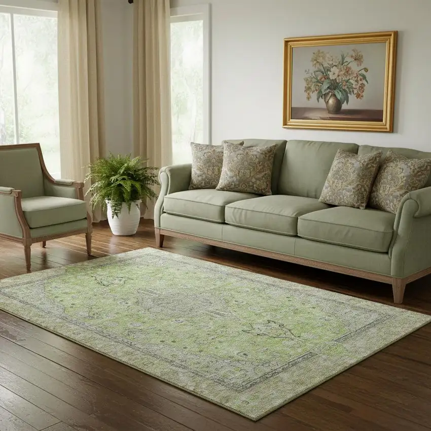 Lime Green And Gray Floral Medallion Washable Area Rug With UV Protection Photo 2