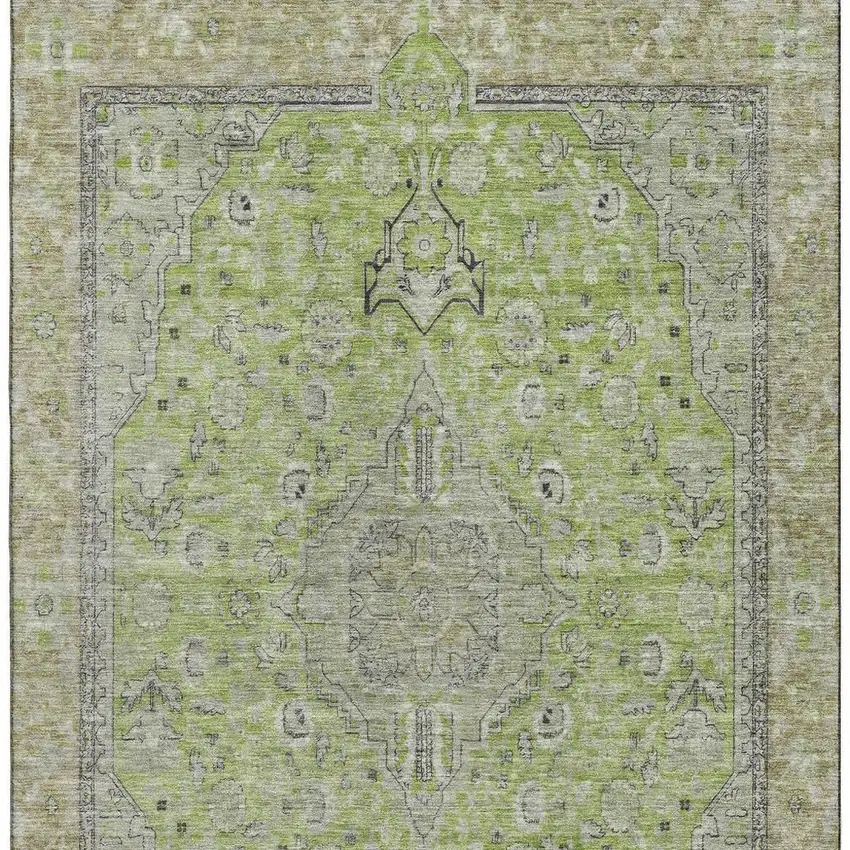 Lime Green And Gray Floral Medallion Washable Area Rug With UV Protection Photo 2