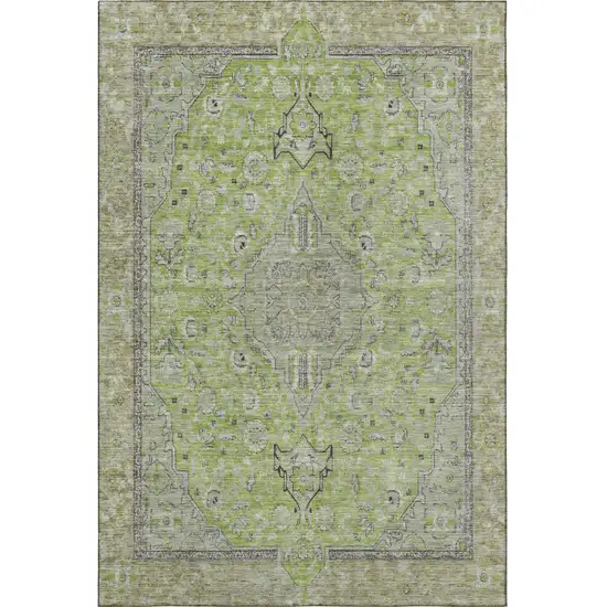 Lime Green And Gray Floral Medallion Washable Area Rug With UV Protection Photo 3