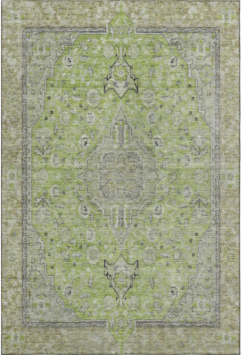 Lime Green And Gray Floral Medallion Washable Area Rug With UV Protection Photo 3