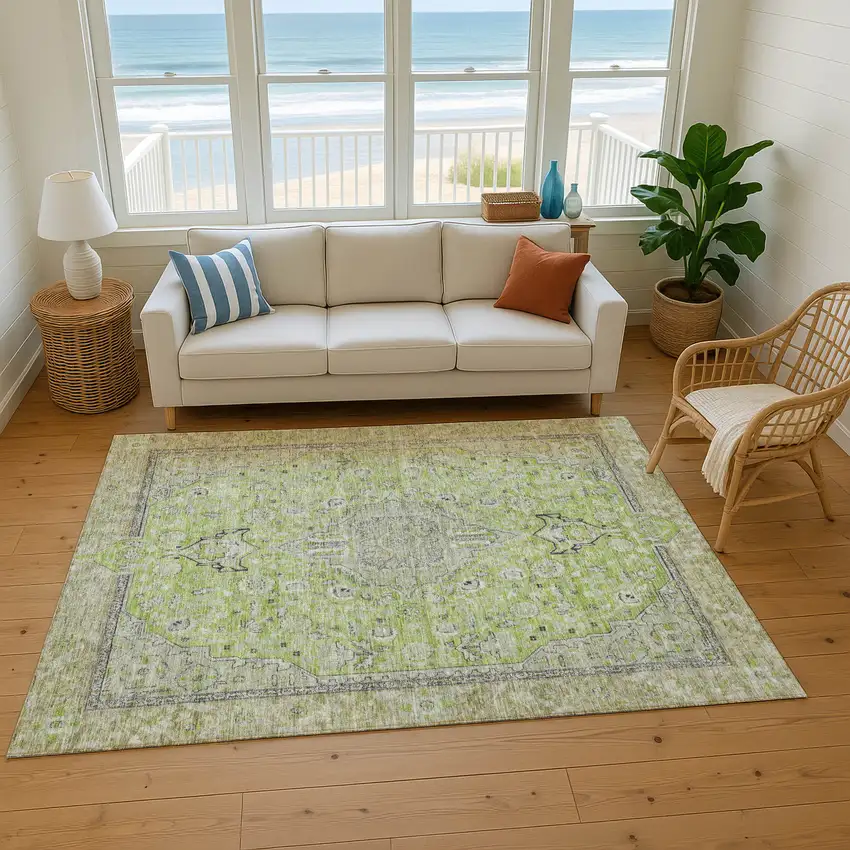 Lime Green And Gray Floral Medallion Washable Area Rug With UV Protection Photo 5