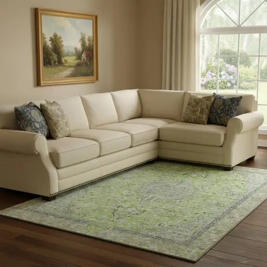 Lime Green And Gray Floral Medallion Washable Area Rug With UV Protection Photo 2