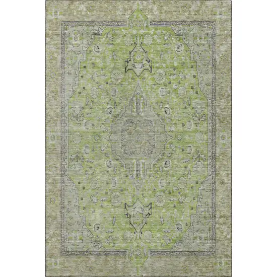 Lime Green And Gray Floral Medallion Washable Area Rug With UV Protection Photo 1
