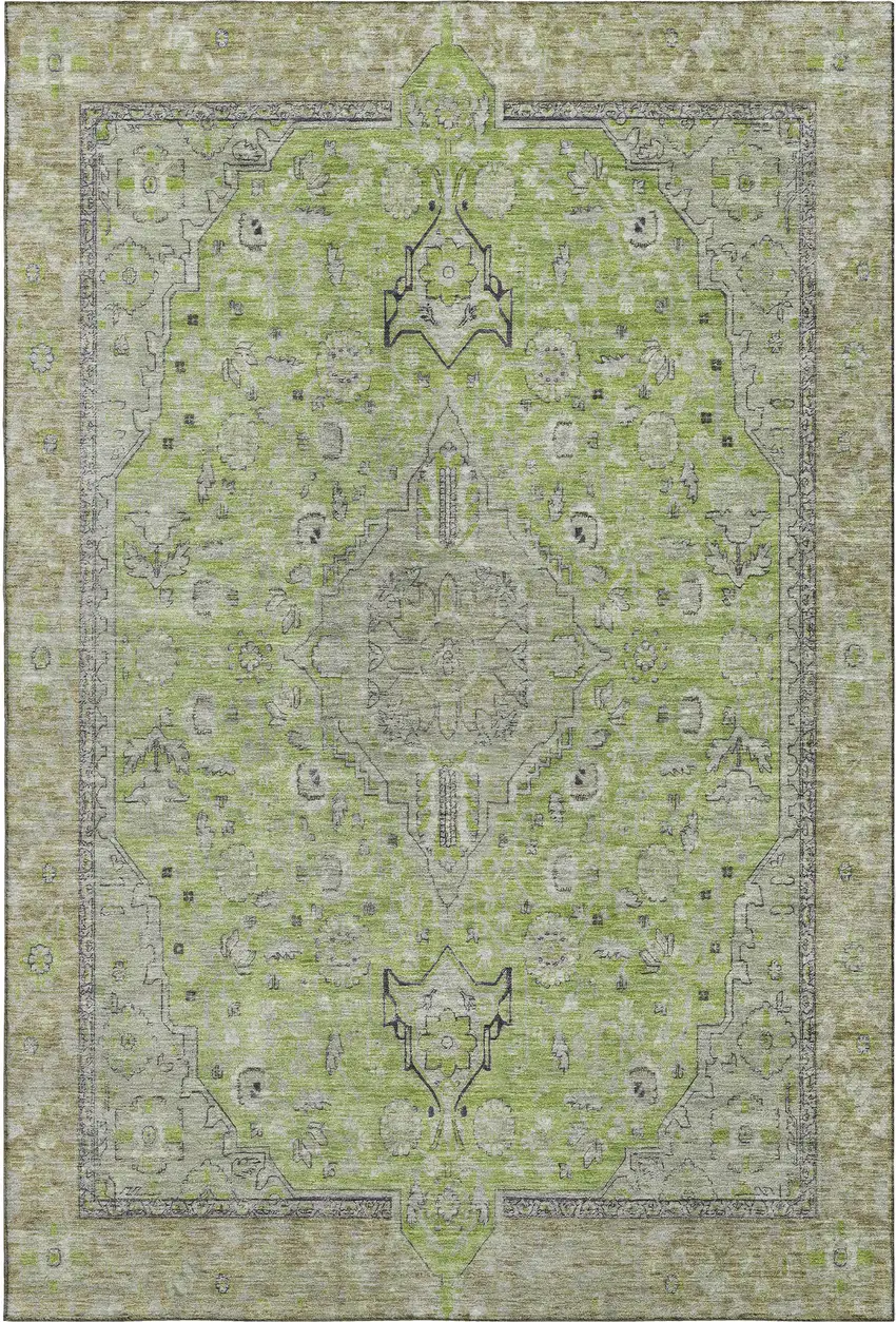 Lime Green And Gray Floral Medallion Washable Area Rug With UV Protection Photo 1