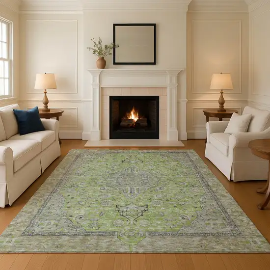 Lime Green And Gray Floral Medallion Washable Area Rug With UV Protection Photo 5